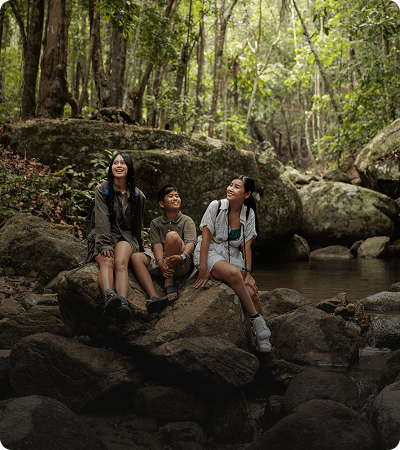 People sitting on rocks in forest