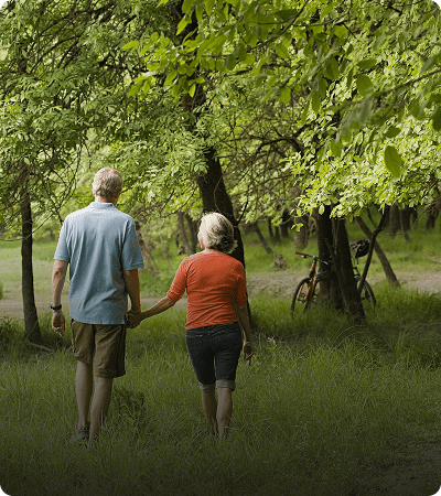 Couple holding hands in green woods